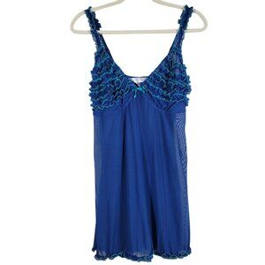 Cacique Womens Blue Y2K Ruffle Trim Sheer Babydoll Lingerie Nightgown 14/16